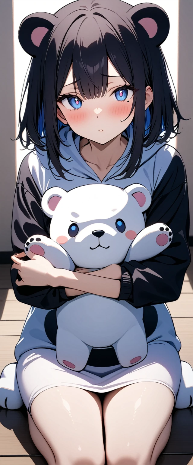 (Highest quality),(masterpiece), 8k,Very detailed, Detailed light, Best Shadow,Detailed reflective eyes, Very detailedな顔,Shiny Hair,(1 girl:1.2),woman,Gloss,Black Hair,Embarrassing,blush,Beautiful fingers,Beautiful Hands,whole body,blue eyes,(Medium length hair:1.2),thin,Mole under the eye,Bear costume,(Stuffed polar bear:1.2),(大きいStuffed polar bear:1.2),Hug a stuffed animal,(Watery eyes 1.2),