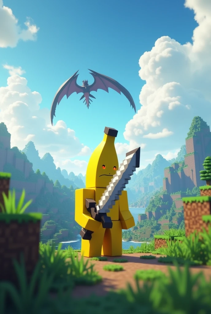 Create a minecraft landscape in which there is a banana character with a sword , looking at the horizon waiting to see what lies ahead that is realistic and looks good in a thumbnail for YouTube , that it is eye-catching and colorful and that in the background you can see a dragon flying in the distance through the clouds