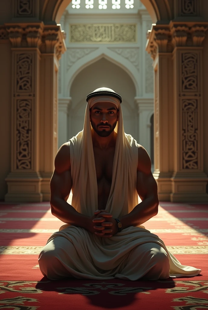 "A high-resolution, lifelike image of a young bald man with a masculine build, wearing a taqiyah, performing a prayer to Allah in the interior of a mosque in America."