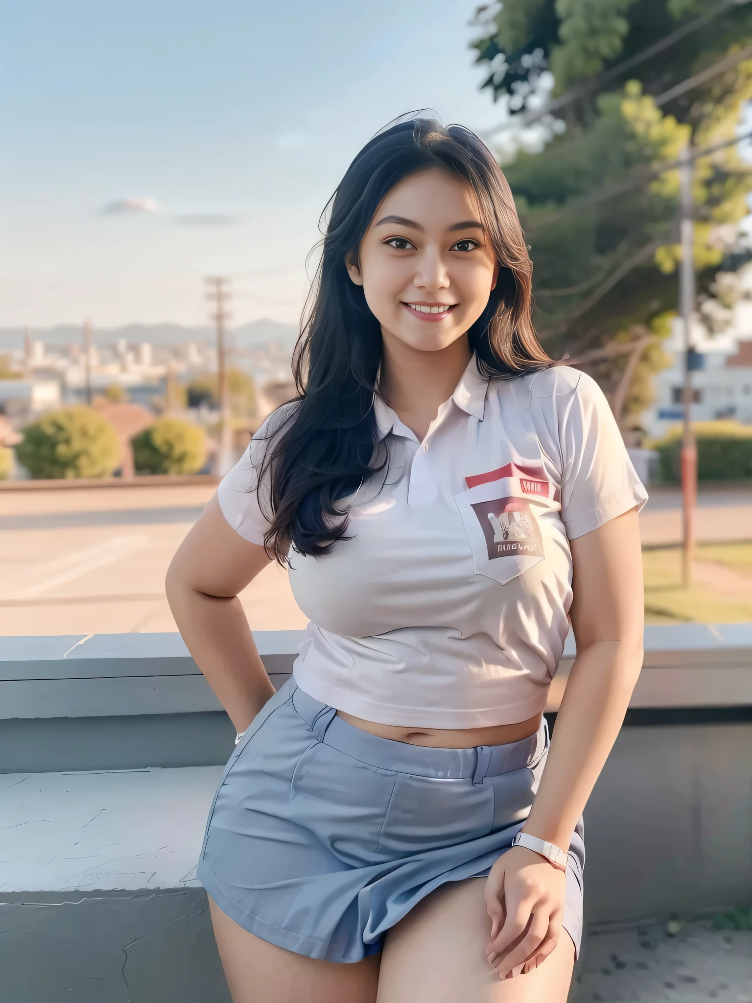 1girl, solo, 19 years old, (uniform), detailed Metropolitan city at the background, portrait, thick breasts, semi-curvy body, Sixpack abs, smooth realistic skin, cute smile, tight white shirt, grey blue short skirt, looking at the audience, high angle shot,(8k, RAW photo, best quality, masterpiece: 1.3), (realistic, realistic: 1.37), ultra-high resolution, cowboy shot