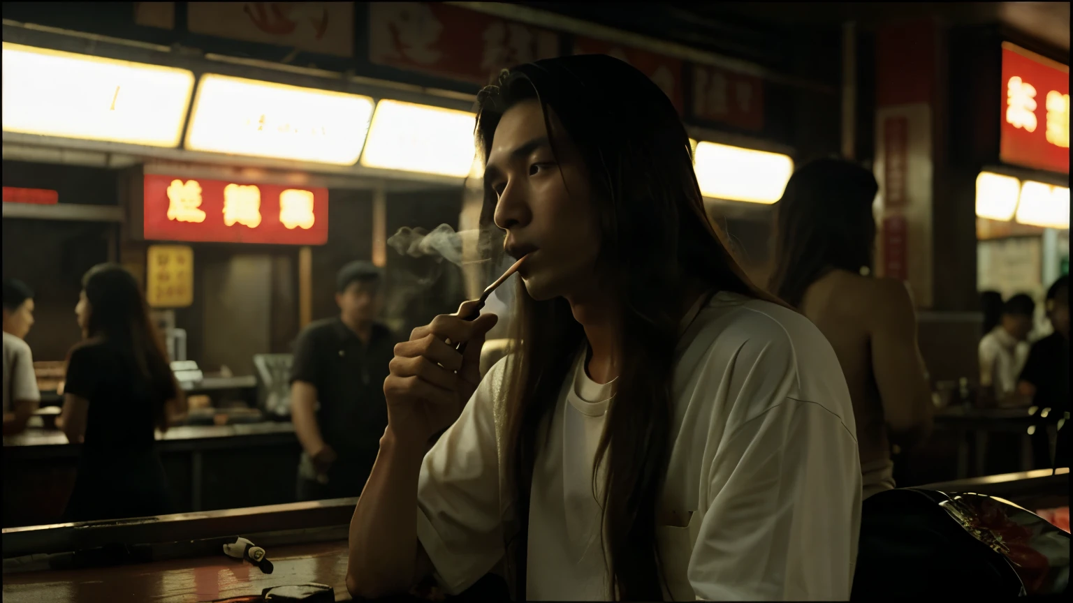 Young man smokes cigarette, with long hair, skinny, beautiful face, Wong Kar-wai style
