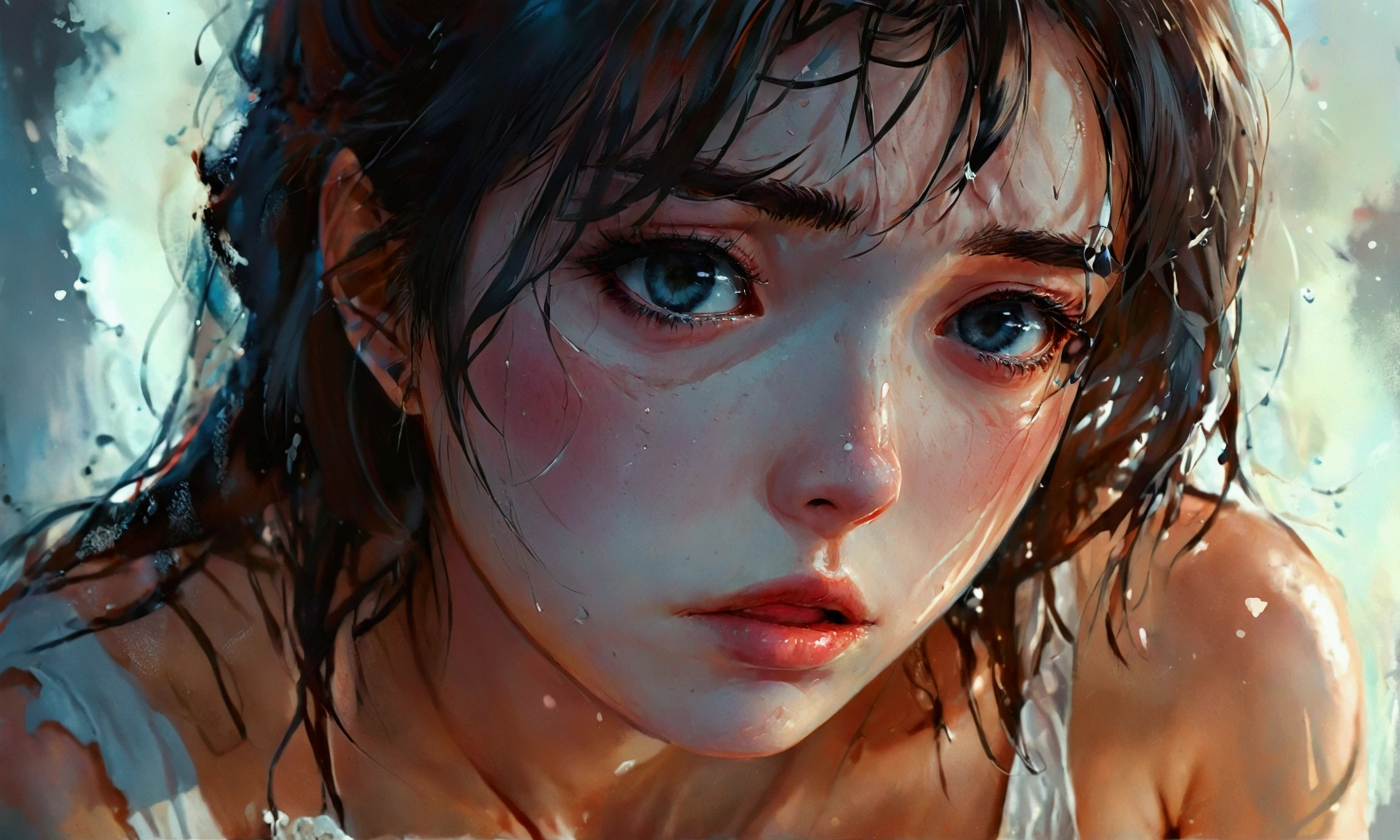 a woman kneeling crying,manga style art,manga style art