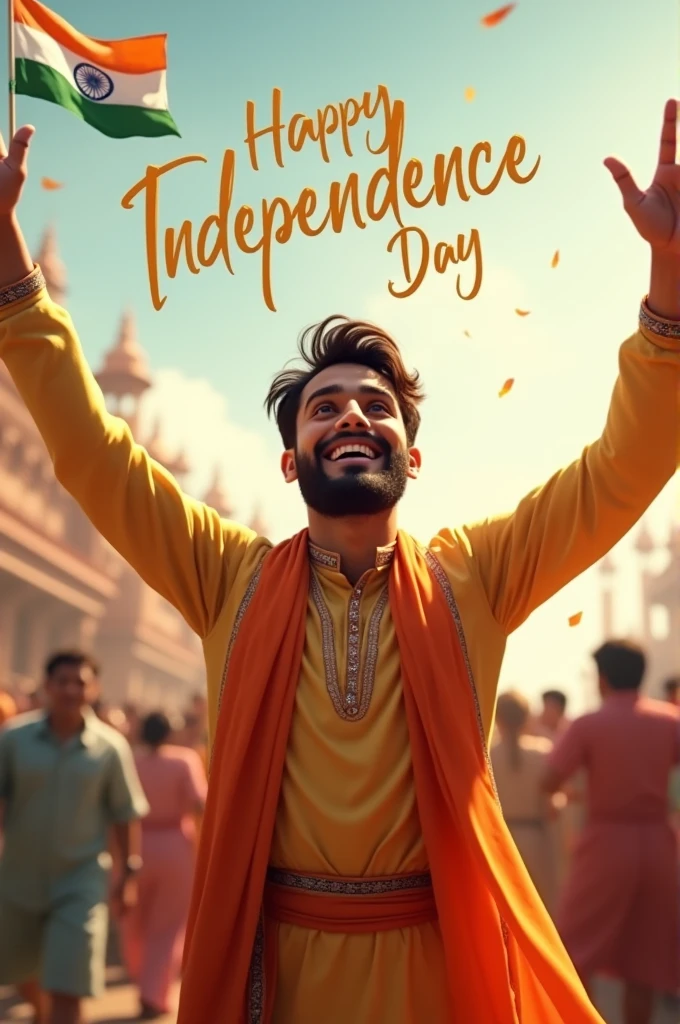 real 20-year-old boy joyfully celebrates Indian Independence Day. He is wearing traditional Indian outfts with the name "Sarif" written on
his attire. Above him, in the sky, the words "Happy Independence Day" are displayed in a bold font. The backdrop is flled with people
celebrating, enhancing the festive and patriotic spirit of the day.