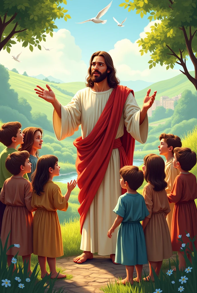 A picture to color , Jesus preaching to children