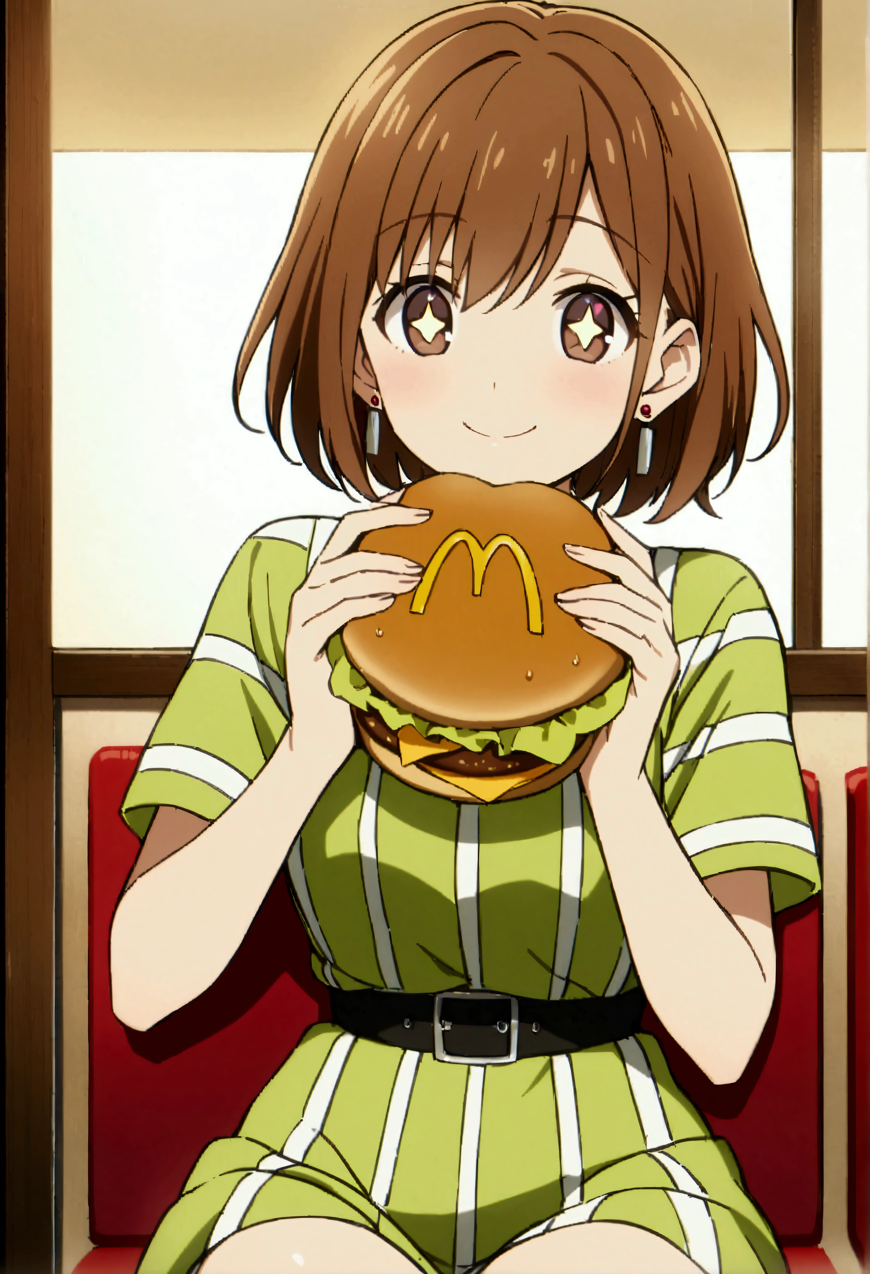 1girl, short hair, brown hair, brown eyes, earrings, striped shirt, green dress, sitting, mcdonald's, holding burger, looking at viewer, smile, drool, starry eyes score_9, score_8_up, score_7_up, score_6_up, score_5_up, score_4_up, BREAK source_anime, masterpiece