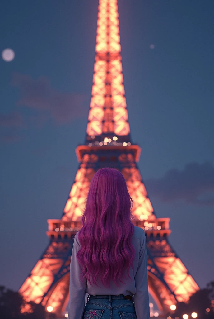 A beautiful girl stand in the front of Paris eiffer Tower in night with pink hairs art illusion