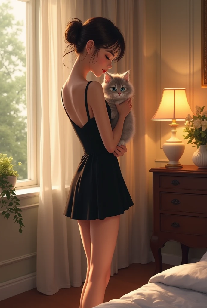 A girl holding a kitten on her hand.She wear a black dress and wear high heels at her bedroom