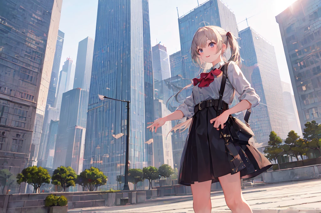 (masterpiece, best quality, excellent quality), ((1girl, solo)), sky, city, (skyscrapers), trees, pavement, lens flare,