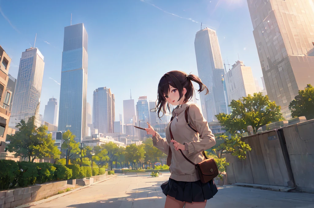 (masterpiece, best quality, excellent quality), ((1girl, solo)), sky, city, (skyscrapers), trees, pavement, lens flare,