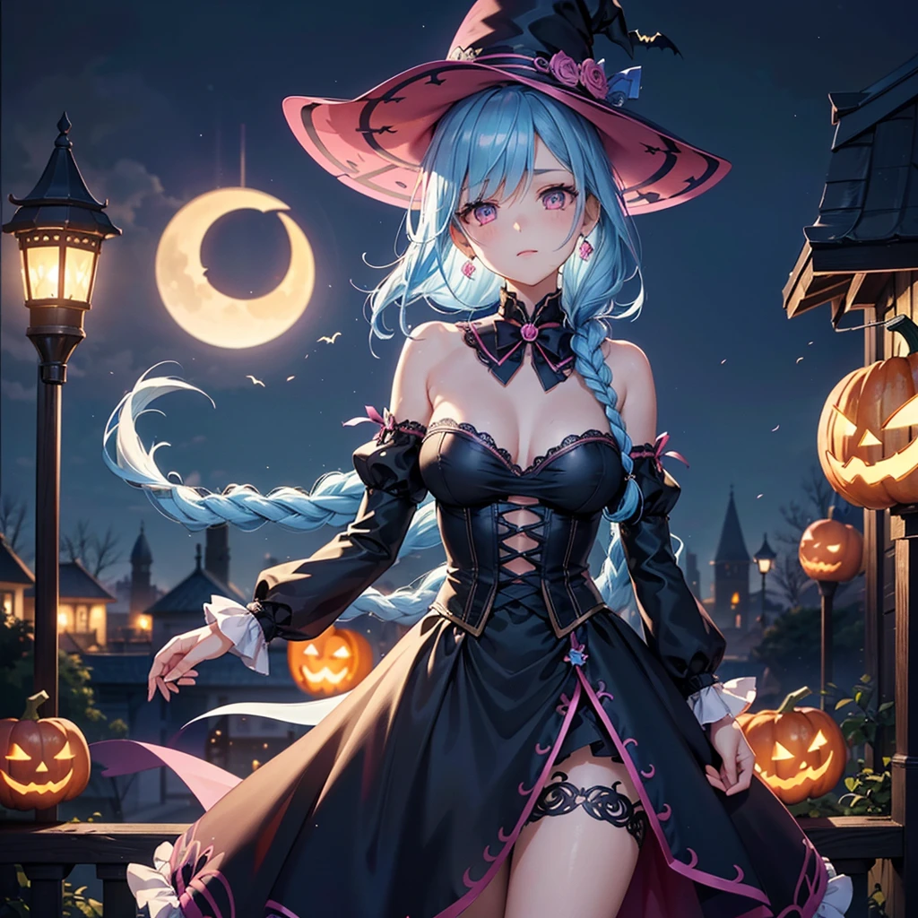 (Sky Blue Hair),(Braided medium hair:1.2), (Pink Eyes),Fair skin) ,(whole body),(One Girl),(Crescent Moon),(There are many pumpkin ghosts in the background),(If you don't give me sweets, I'll be mischievous.),Halloween Night Party),(masterpiece, Highest quality, Very detailed, Best Shadow), (Detailed Background), (Beautifully detailed face), High Contrast, (Best lighting, Very delicate and beautiful), ((Cinematic Light)), Hyper Detail,8k, Dramatic Light, Intricate details,Cute witch clothes,night,Bats flying in the background,