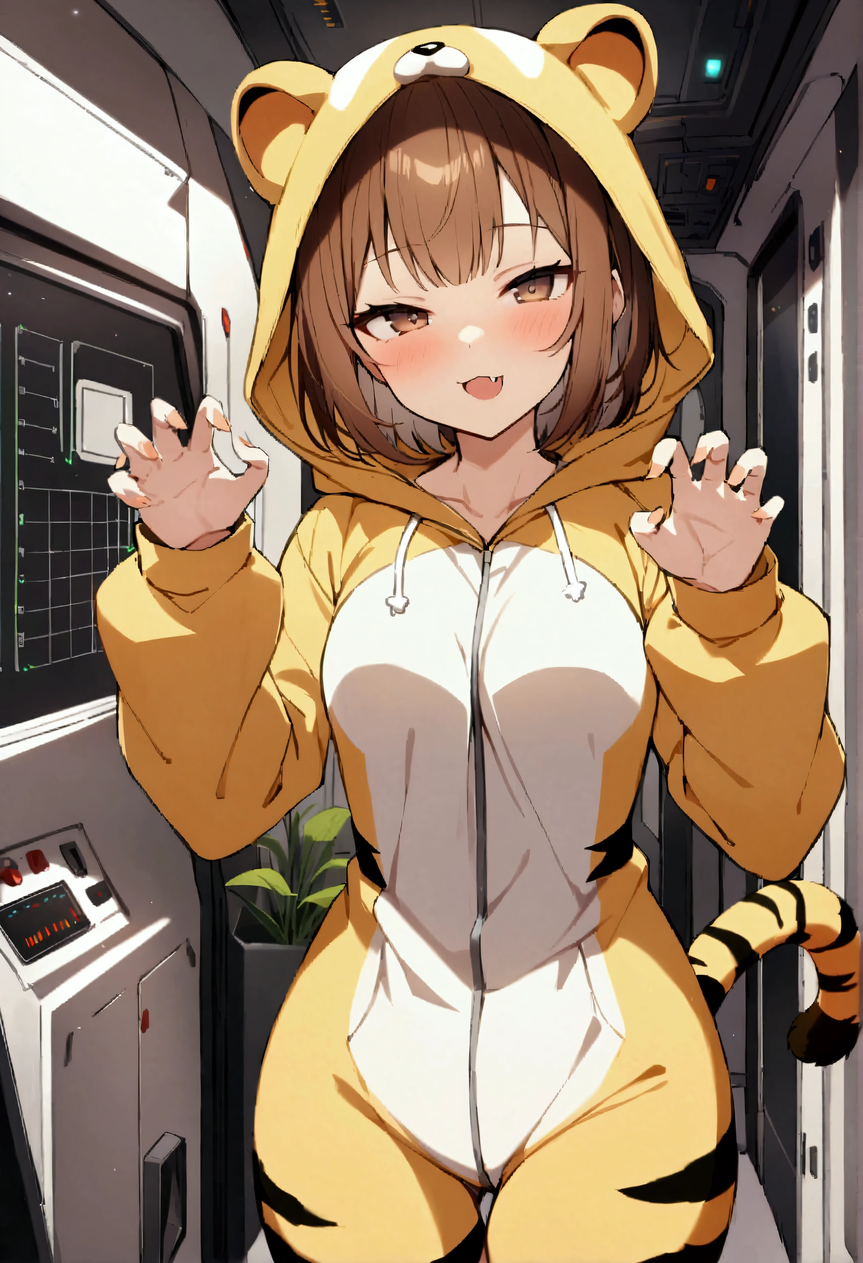 1girl, short hair, brown hair, brown eyes, animal ears, animal costume, tiger tail, animal hood, hood up, claw pose, looking at viewer, indoors, spacecraft interior, smile, fang, half-closed eyes, bed, plant, white walls, standing  score_9, score_8_up, score_7_up, score_6_up, score_5_up, score_4_up, BREAK source_anime, masterpiece