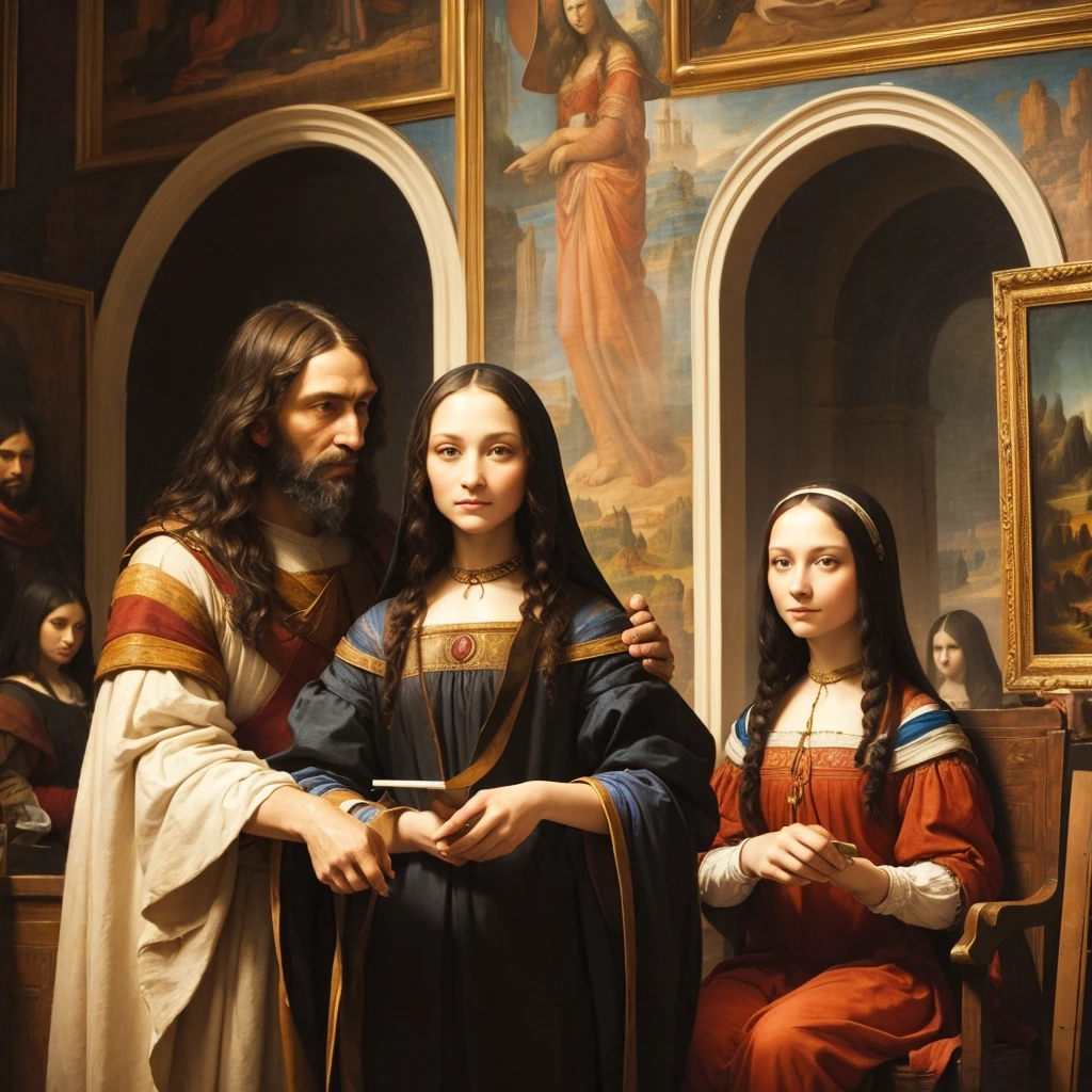 Scene with two characters, an old man and a woman. Draw this scene in a Renaissance studio softly lit by natural light. In the center of the scene, Mona Lisa stands in front of a large painting. She is wearing a painting apron and is holding a paintbrush., applying paints to the canvas. Her dark hair falls softly over her shoulders, and she is focused on creating a portrait of Leonardo da Vinci.
Leonardo da Vinci sits in a tall carved wooden chair, observing the work of Mona Lisa with an expression of wisdom and tranquility. He has a long white beard and a look of pride and patience., reflecting respect and admiration for the young artist.
The environment should reflect the Renaissance atmosphere with rich tapestries on the walls and shelves full of books and scrolls.. The soft light coming through the arched windows should create an ethereal effect in the scene., highlighting the interaction between the two artists.
---