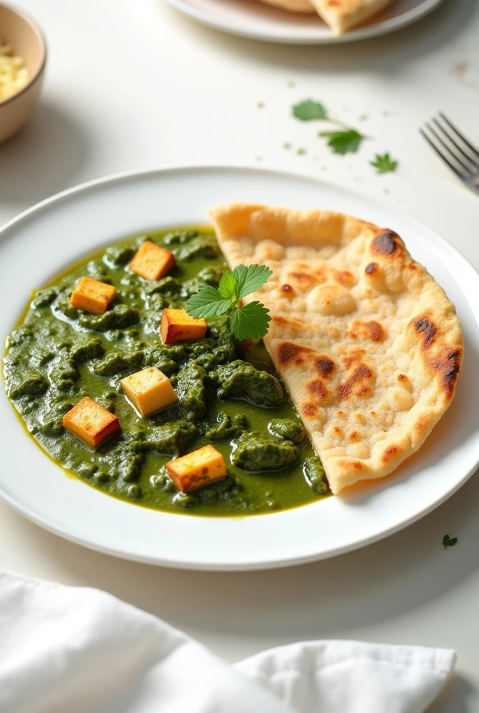 Palak paneer and roti in a white plate beautifully decorated