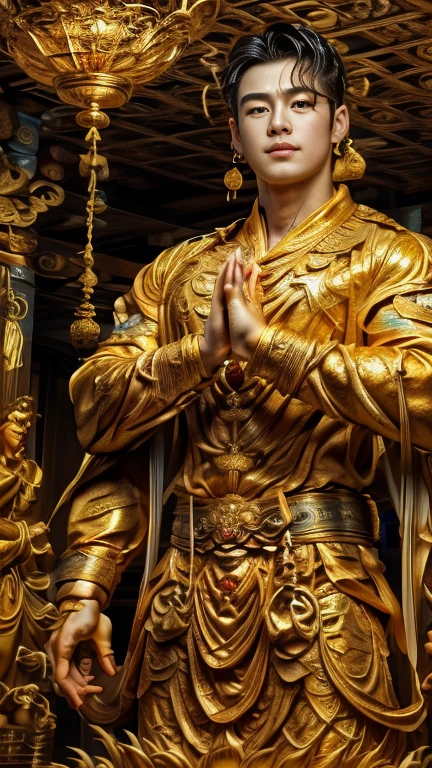 disconsolate,Ambient,artistic conception,large scene,The wind blew up the white curtains,Dattain lamps,Diffuse light,chest muscle,detailed face, Shirtless, stubbles, Sideburns, musculature, Strong handsome korean guy, a golden statue of handsome men god , multiple hands holding some weapons, , Hanfu,Golden blue、Jing Qing Moqing、jackson wang, Plain cherry blue,Junyi,Dignified atmosphere,Temperament,Short hair, Flat-headed beautiful man,The light is gentle,The scene comes to life