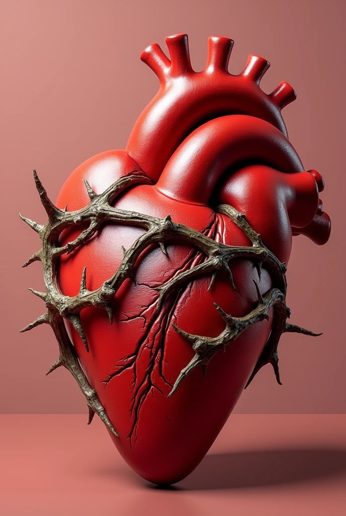 A 3D heart with large brown thorns stuck into it
