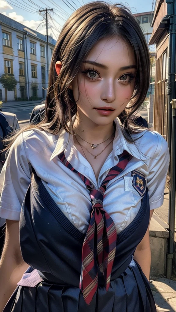 ((Beautiful Face:1.4)), (Purelos Face_v1: 1.0), Half Body, Half Body,(Surreal), (8k), (Very detailed), (Beautiful attention to detail), (Highest quality), (Very detailed), (masterpiece), (wallpaper), (Detailed face), alone, 1 girl,  ((school uniform:1.8)), Looking at the audience, Exquisite detail, Detailed faces, ,((Pure Erotic Face Ace:1.4)),((Natural big breasts:1.2))