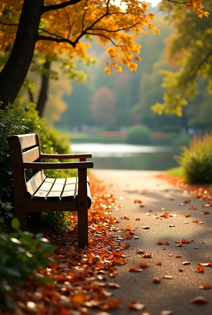 A stunning photo of summer view, a bench  in front of a beautiful garden and lake, pedestrian lane with lots of dry brown leaves on the ground, zoom the image from the below on the ground, low lighting, masterpiece, highly-detailed, ultra-sharp. 