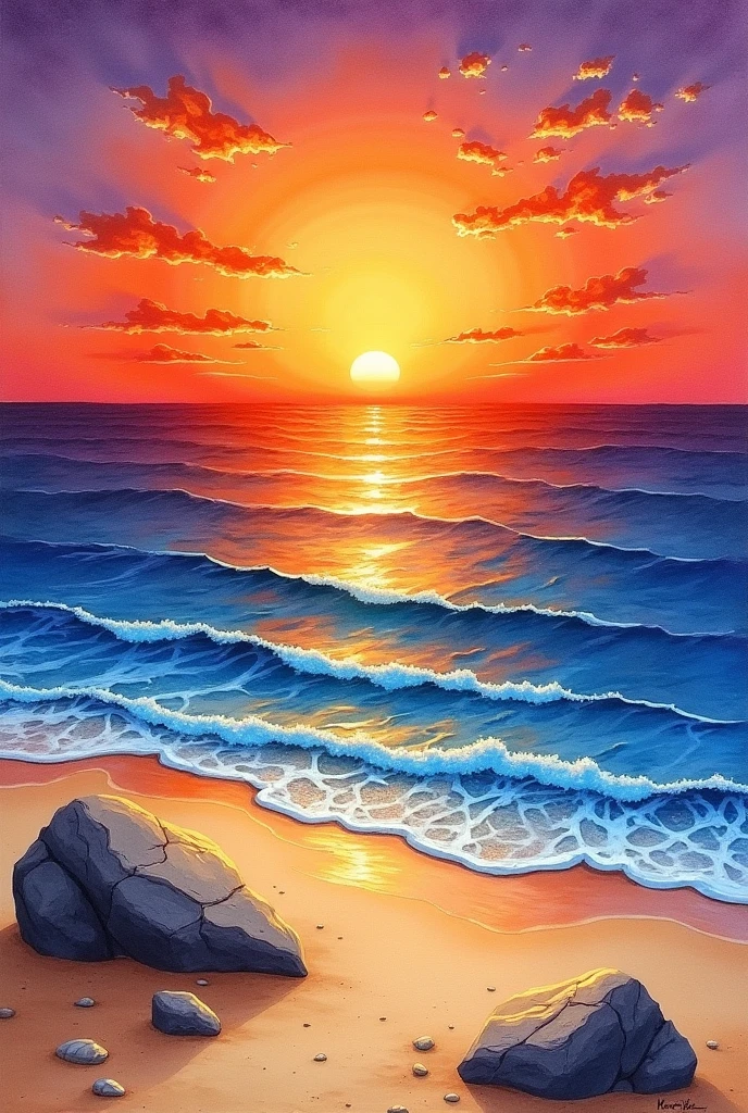 A work of colored pens and watercolors。The picture shows a sunset scene on a beach。In the foreground are a few rocks and some shells,The middle shot is of waves lapping on the beach。The distant sky is rendered as a gradient of orange-red and purple,The sun is half sinking into the sea level,A golden light path is projected on the sea。The whole picture is rich in color,Full of warmth and tranquility。The lines of the pen add detail to the picture,Watercolor brings soft color transitions。