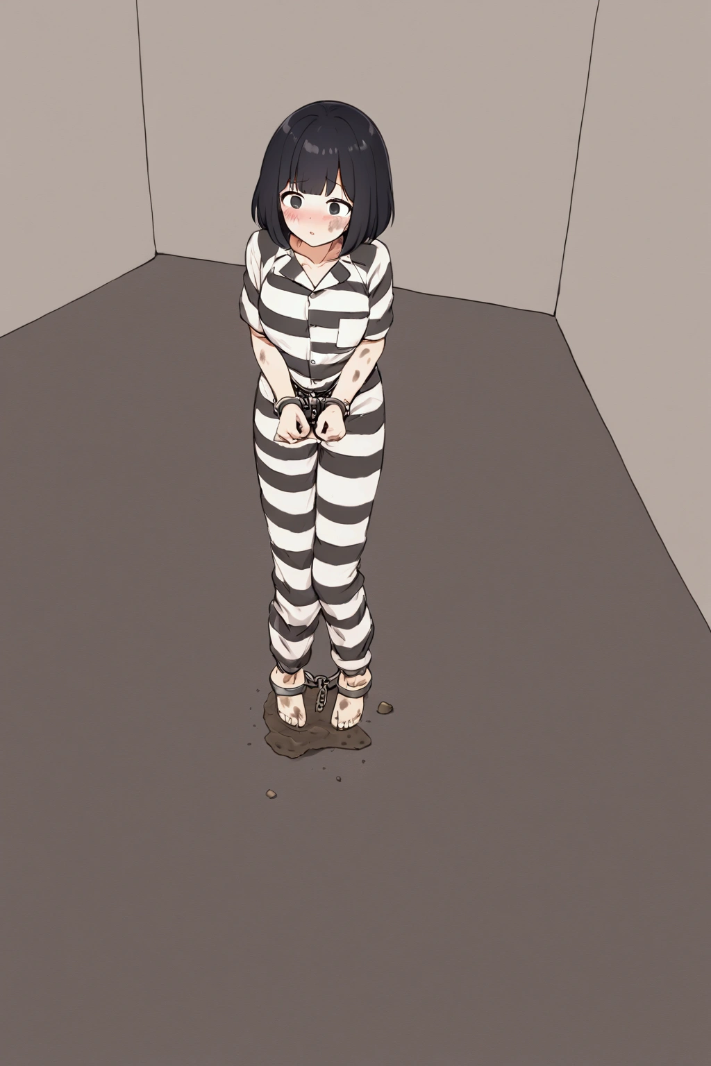 Prisoner, Girl in prison,embarrassing,blush,Imprisonment, Imprisonment, Black and white prison jumpsuit, Handcuffed,Shackles, Suppressed, bondage, be interested, Solitary confinement, rock,black hair,Choppy hair,bob cut,black eyes,mud stains,dirty face,dirt on face,dirty cloth