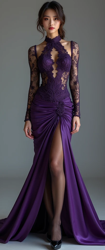 Highest quality,masterpiece,Ultra-high resolution,(Actual:1.4),Original photo,Ultra-high resolution,8k,One Woman,Incredible beauty、Japan great actress、Fair skin,Big wave diamond purple and cool black collaboration dress:1.5,High heels,Ultra-realistic pantyhose, Pantyhose with elegant markings, Long legs:1.5,Bright and beautiful,high waist,Flashy makeup using red eyeshadow,
