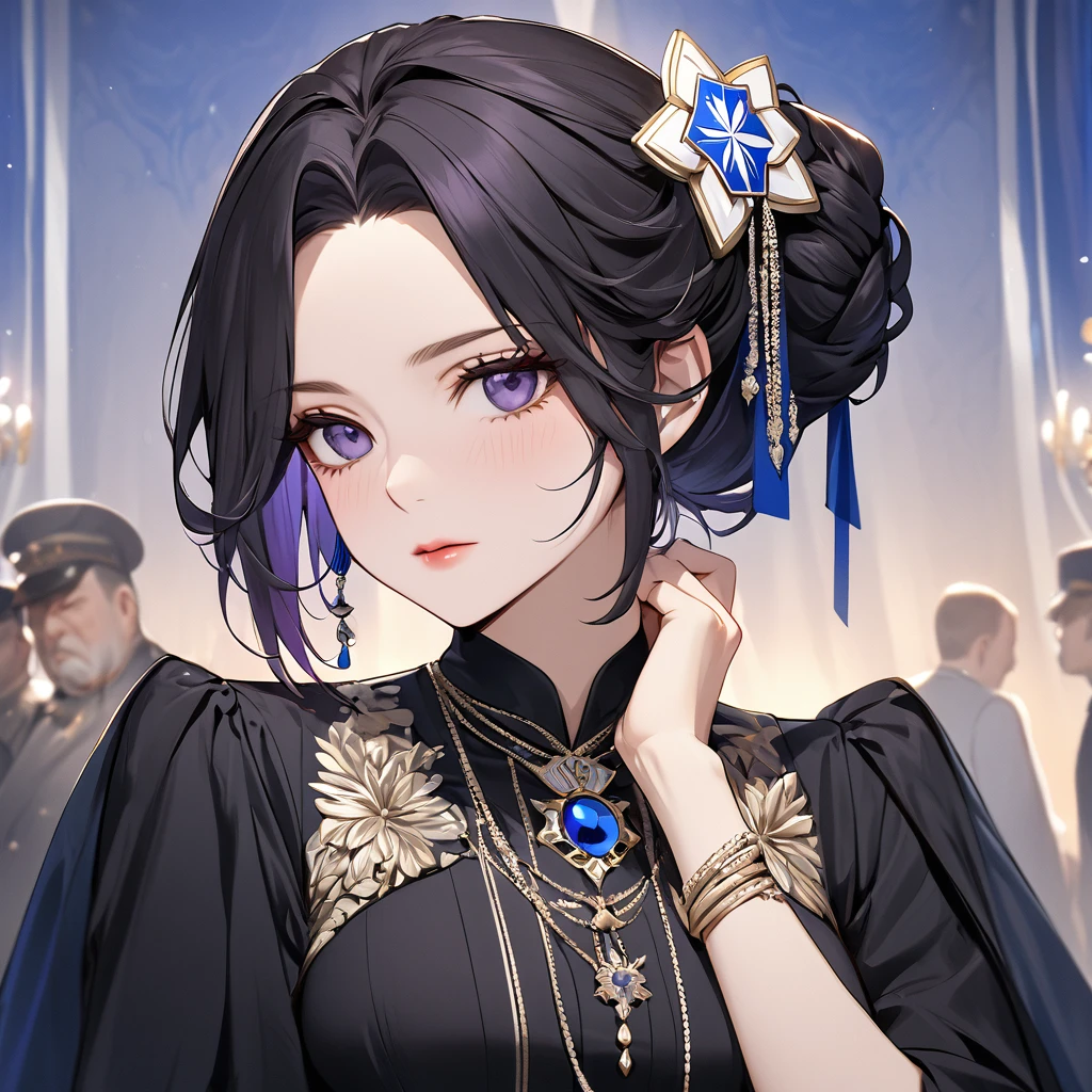 ((Highest quality)), ((masterpiece)), (detailed), (Perfect Face)、The woman is Shinobu Kocho, a Russian with black hair in a purple gradient bob style, tied up in a formal evening hairstyle.、The woman is a member of the United Russia party and is beautifully dressed in luxurious accessories.、She is a United Russia member who is dedicated to the cause of a great United Russia, and she deeply respects and worships the leader of the Great Russian Party, a United Russia supremacist.、The woman serves as a secretary to a high-ranking official of the Great United Russia, and is supported, supported and accompanied by him, working for the Great Russia.