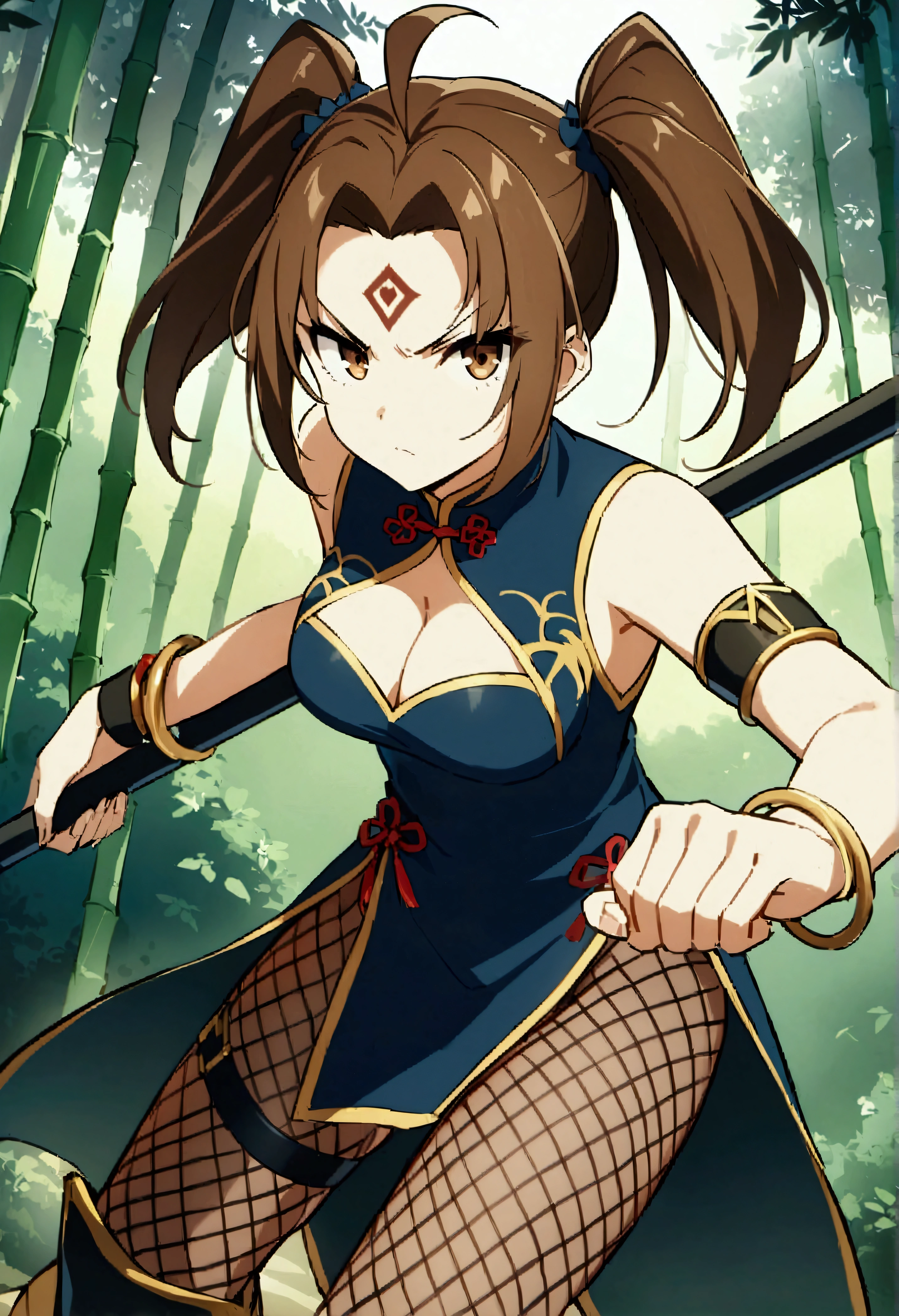 1girl, medium hair, ahoge, forehead mark, brown hair, brown eyes, twintails, chinese clothes, cleavage cutout, armlet, bracelet, thigh strap, fishnets pantyhose, greaves, fighting stance, holding polearm, serious, bamboo forest score_9, score_8_up, score_7_up, score_6_up, score_5_up, score_4_up, BREAK source_anime, masterpiece