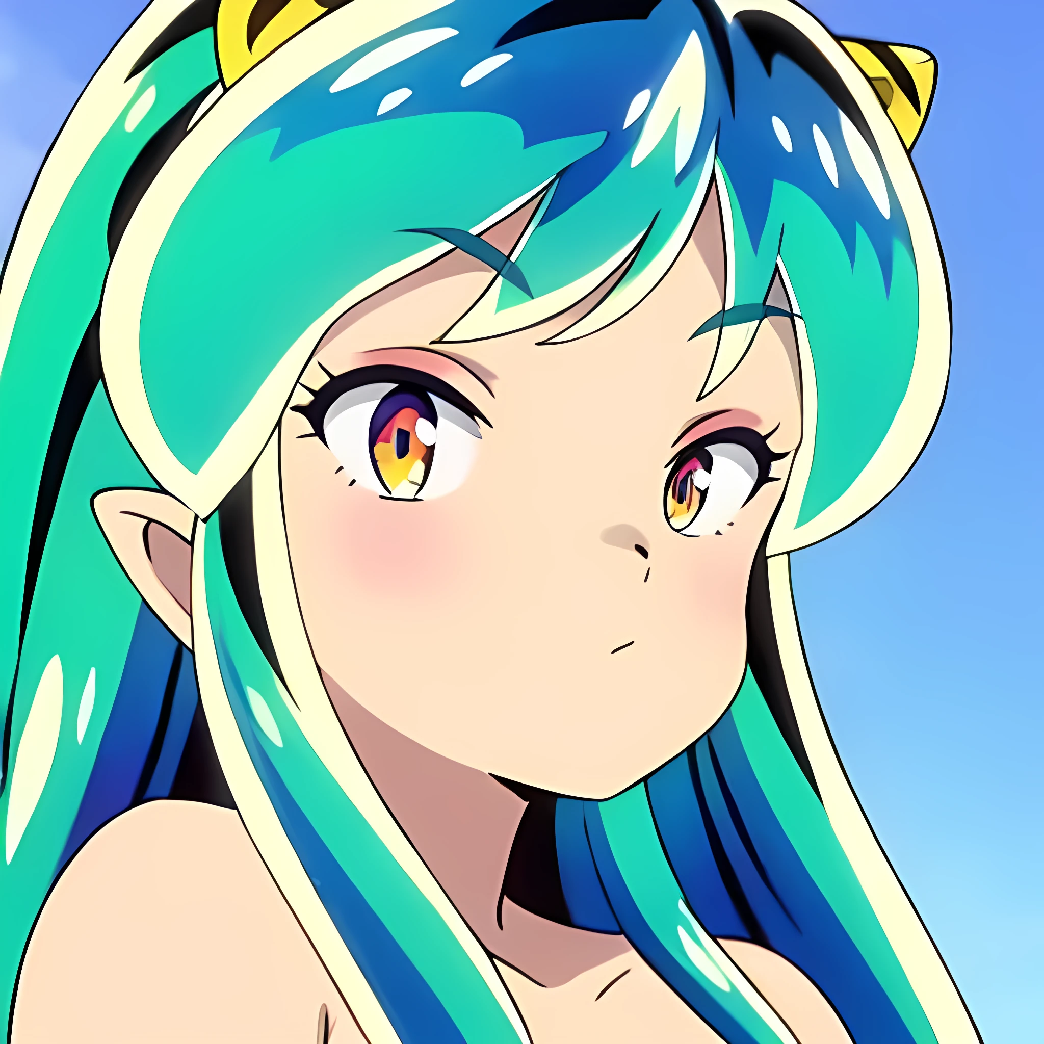 masterpiece, Highest quality, 1 Girl, Lum, Micro bikini with tiger print, Japan, High definition, 18-year-old, looking up, Greenish silver hair, Face close-up, Shrug, smile, Simple Background, EdobUruseiYatsura