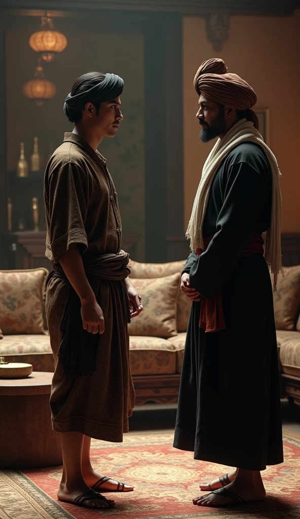 Create a highly detailed, realistic scene of a 35-year-old man wearing a batik turban, a black and brown vertical striped shirt, a sarong, and warrior-style sandals. He is engaged in conversation with a scholar wearing a brown turban, a white scarf wrapped around his neck, and a black robe. The background should depict a Majapahit-era living room with dramatic, cinematic lighting, hyper-detailed textures, and UHD clarity.