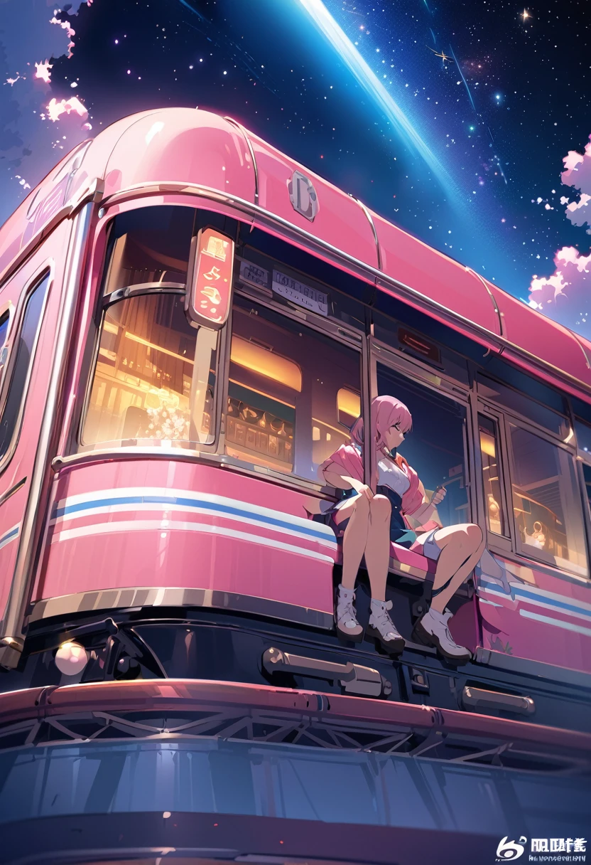 masterpiece, Old station platform、Girl sitting on bench、profile、Pink Hair、Short Hair、Wide angle perspective、 Bright starry sky. Romantic Train, photograph:Xin Haicheng, Pixiv, Concept Art, Lofi Art style, reflection. by makoto shinkai, Lofi Art, Beautiful anime scene, Anime Scenery, Detailed Landscape — Width 672, in Makoto Shinkai'style, Makoto Shinkai'style, Enhanced Details.