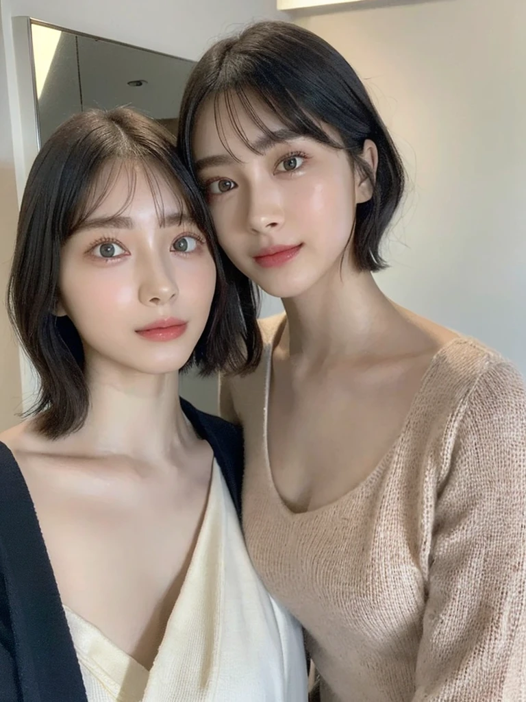 (masterpiece:1.3), (8k, Photoreal, Raw photo, best image quality: 1.4), Japanese high school girl、(random hairstyle:1.2)、cleavage:1.5、super detail face、eye for details、double eyelid、chest to chest、sharp focus:1.2、Beautiful woman:1.4、light brown hair、highest quality、masterpiece、超A high resolution、(Photoreal:1.4)、Highly detailed and professionally lit smiles、loose and light knitwear、shoulder out、thin、serious expression、short haired、deadly position
similar identical twins
All the girls have the exact same face, The two have the same face and figure, as if they were mirror images.