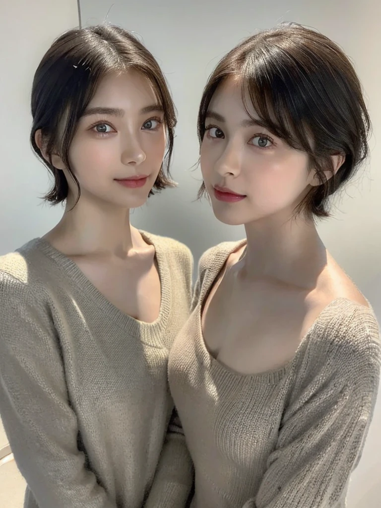 (masterpiece:1.3), (8k, Photoreal, Raw photo, best image quality: 1.4), Japanese high school girl、(random hairstyle:1.2)、cleavage:1.5、super detail face、eye for details、double eyelid、chest to chest、sharp focus:1.2、Beautiful woman:1.4、light brown hair、highest quality、masterpiece、超A high resolution、(Photoreal:1.4)、Highly detailed and professionally lit smiles、loose and light knitwear、shoulder out、thin、serious expression、short haired、deadly position
similar identical twins
All the girls have the exact same face, The two have the same face and figure, as if they were mirror images.