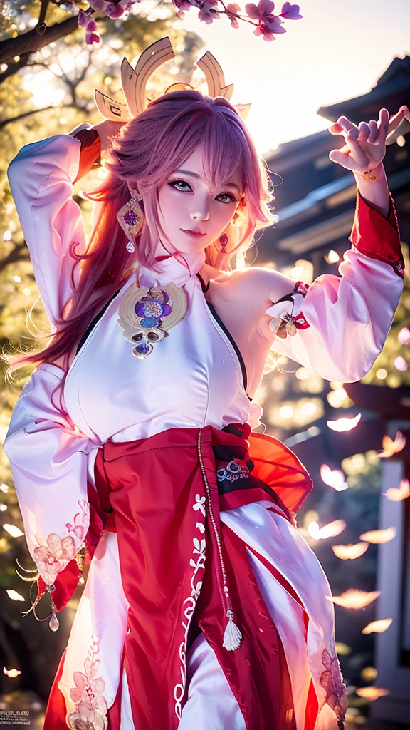 (Very detailed CG unity 8k wallpaper., Masterpiece, Highest quality), (Ulzzang-6500-v1.1:0.4) 1 girl, kpop idols, Yes, Miko., arms separated, Blue-purple hair, long hair, best quality, (realistic:1.2), (decorationsผม:1.35), decorations, fox ears, red eyes, earring, (Very large round chest, big breasts: 1.2), Torii, cherry blossoms, Lantern Light, depth of field, detailed face, Face focus, (look at viewer:1.25), Shiny skin, long sleeve, cowboy shoot, dynamic gesture, (bend forward, Show the side of the chest, sexy pose:1.3), CG game, thigh high, east asian architecture, blurred background, full body, A luxurious gesture, Focused expression, Setting up an outdoor shrine, Fantasy style,