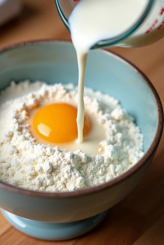 Add an egg and a cup of milk in a bowl with flour.realistic.



