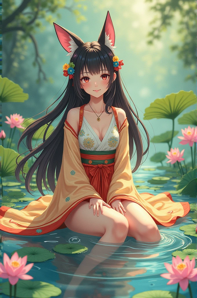 Photographic Reality　Looking straight at the camera　Absurd, High resolution, Very detailed, (1 girl:1.3), Hand-drawn, Simple lines, A -yeld gidressed in colorful Chinese Hanfu, Sexy fox ears girl, Near the lotus pond, masterpiece, Sit on the water, Floating clothes, Flowing Hair