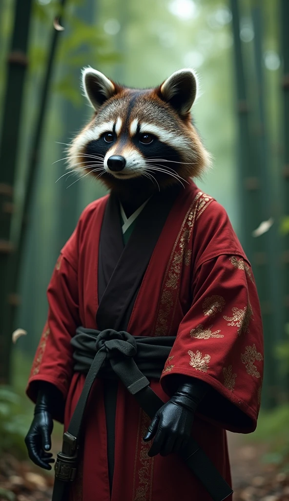 Create a cinematic video featuring Rocket Raccoon from the MCU, with detailed fur that is slightly bulged, wearing a red kimono adorned with intricate details. The scene shows him in an action pose with a pensive expression, captured in a full body shot. Set in a shadowy and oppressive bamboo forest in Japan, with barren, decaying green bamboo trees and weak, ghostly light filtering through the leaves. Include falling leaves to enhance the scene. The atmosphere is tense and suffocating, creating a disturbing and grim cinematic feel. The video should be shot in a cinematic, film photography style, with ultra-realistic detailing of Rocket's fur and kimono, in 8K resolution, ensuring masterpiece quality and a captivating, eerie atmosphere
