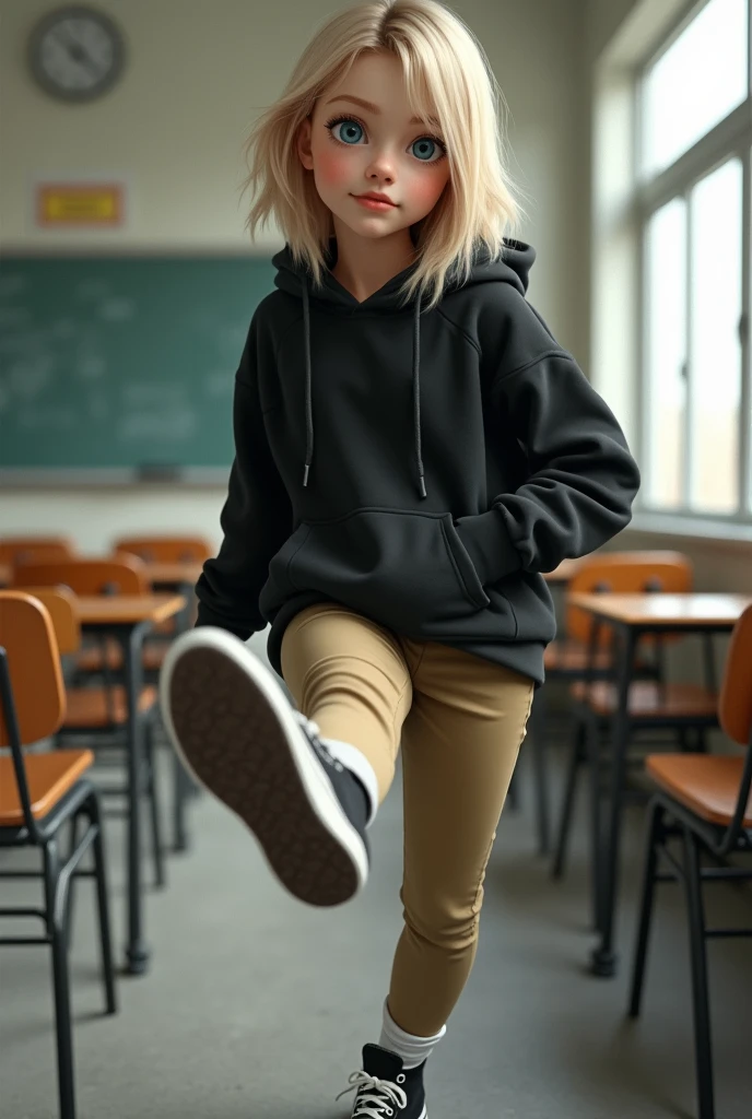 Realistic white girl, blonde hair, blue eyes, butt, tight khaki pants, black high top converse shoes, black hoodie, white socks, one leg kicking in the air towards the camera, classroom background, full body. 