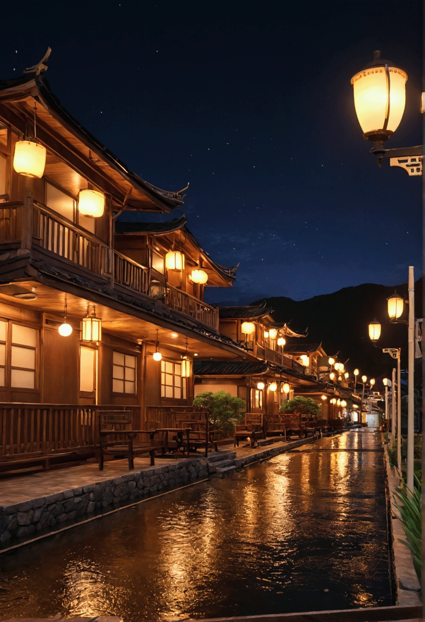 Hot Spring Town、night、The street lights are shining、Realistic texture、night景、4K、8k、Hot Springs Inn