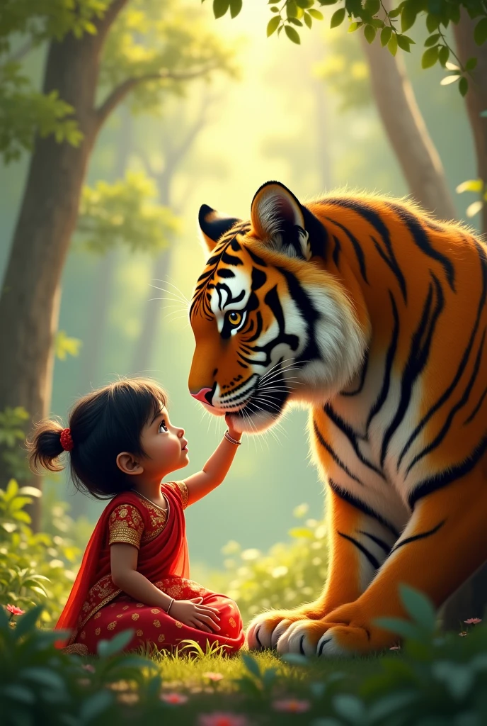 Alone Indian baby girl and tiger love