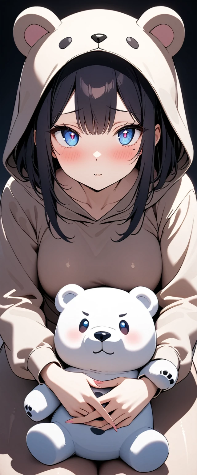 (Highest quality),(masterpiece), 8k,Very detailed, Detailed light, Best Shadow,Detailed reflective eyes, Very detailedな顔,Shiny Hair,(1 girl:1.2),woman,Gloss,Black Hair,Embarrassing,blush,Beautiful fingers,Beautiful Hands,whole body,blue eyes,(Medium length hair:1.2),thin,Mole under the eye,Bear costume,(Stuffed polar bear:1.2),(大きいStuffed polar bear:1.2),Hug a stuffed animal,(Watery eyes 1.2),