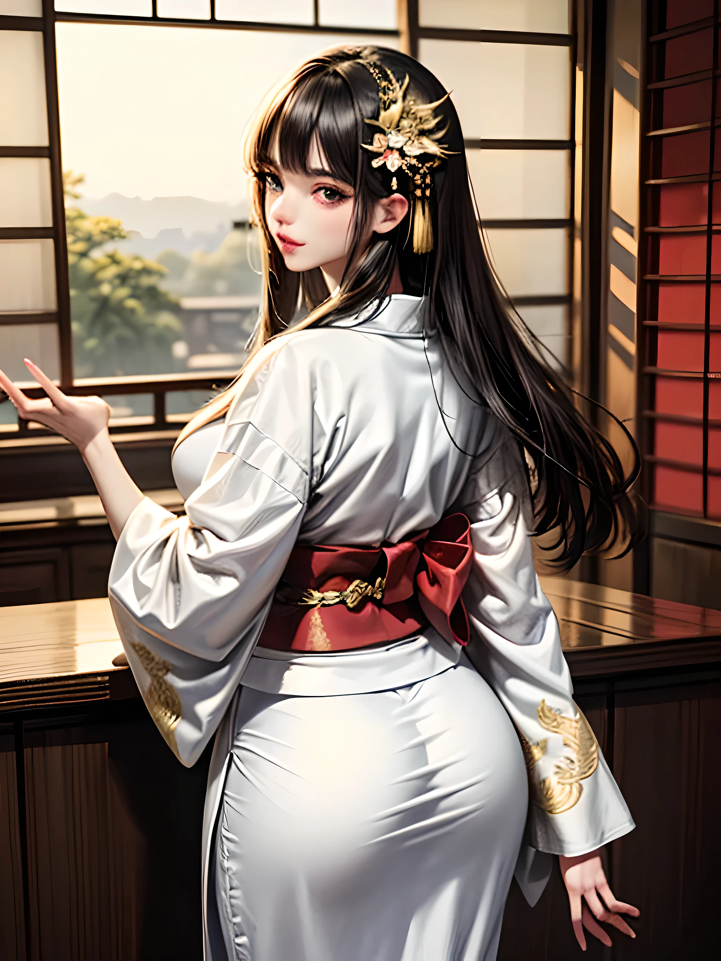 (Beautiful model in Japanese kimono commercial, Beautiful straight long black hair), alone, ((Face is 80% Beauty and elegance, 20% Cute and adorable:1.5)), Clear Eyes, (Detailed eyes, Bright green eyes, Bright Eyes), double eyelid, (Slightly thick, sexy lips:1.2), ((Very detailed and incredibly high resolution Deep-white Kimono:1.2)), Very detailed顔のテクスチャ, impressive body shape, Very attractive woman with curves, High Resolution RAW Color Photos Professional Photos, break ultra high-resolution textures, High Resolution Body Rendering, Big eyes, An unparalleled masterpiece, Incredible high resolution, Very detailed, Stunning Ceramic Skin, break ((Turn around to show the pattern of your kimono:1.5)), ((She was wearing a white kimono embroidered with glittering gold dragons.:1.5)), ((The white kimono has a vivid rising dragon embroidery.:1.2)), (Exquisitely crafted and sensual Japanese kimono), ((The embroidery pattern is a Chinese dragon rising to the sky):1.2), ((An intricately and elegantly decorated white kimono)), (Photographed in front of the round sliding doors of a Japanese-style room)), break ((Highest quality, 8k)), Sharp focus:1.2, (Layered Cut, big:1.2), (Beautiful woman with perfect figure:1.4), (Beautiful and elegant rear view:1.3), Narrow waist, (Correct hand shape:1.5), (Full Body Shot | Cowboy Shot)