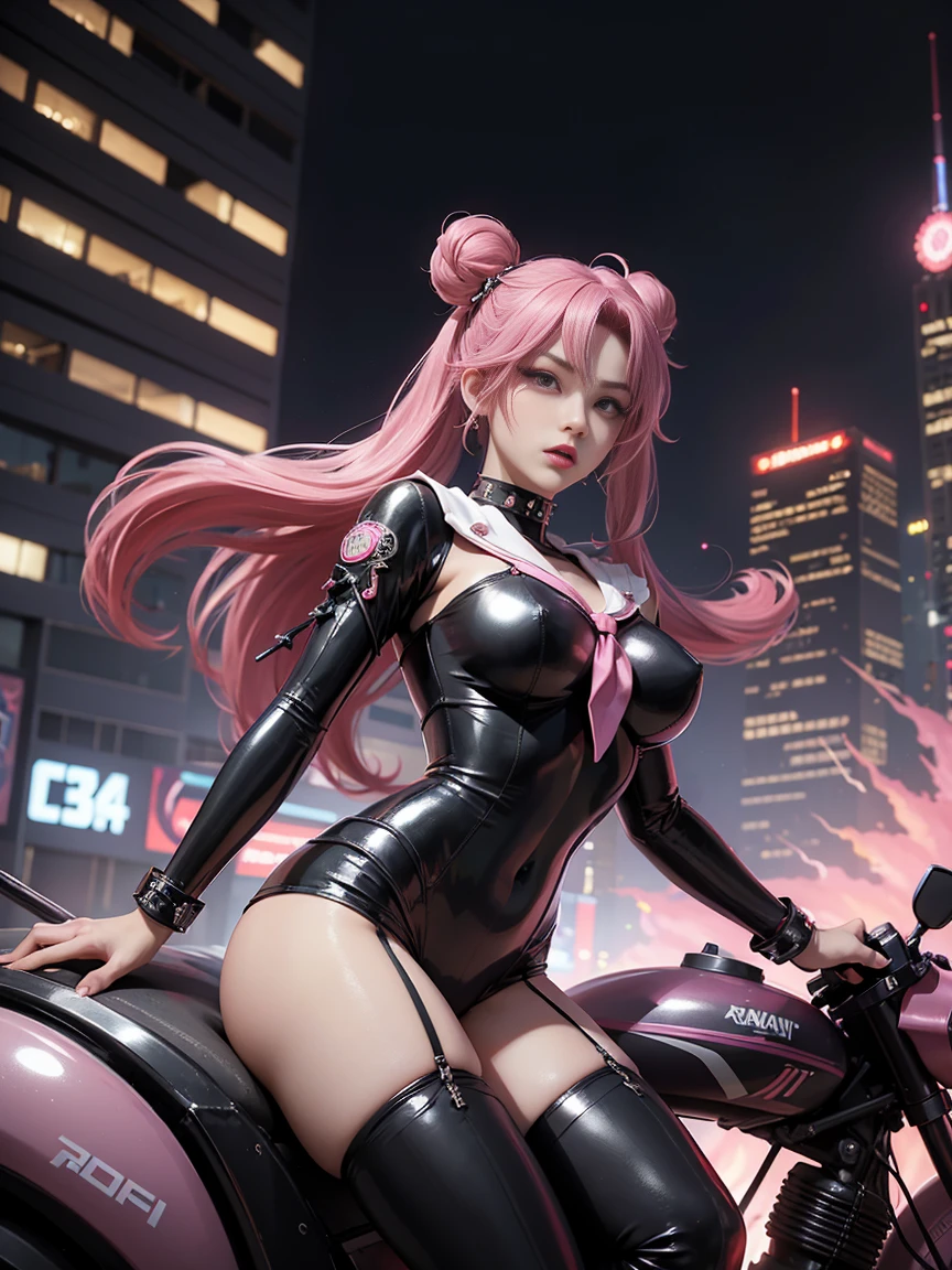 32K ultra-high resolution image: Cyberpunk Sailor Moon character, early 20s, with wild pink hair in spiked Odango buns. Fierce expression, pale face, dramatic dark makeup. Skintight black latex outfit with spikes and chains modernized Sailor Moon uniform. Dynamic action poses in a bustling futuristic city. Detailed facial features, costume, and environment. Vibrant lighting, emphasizes contrast and energy.