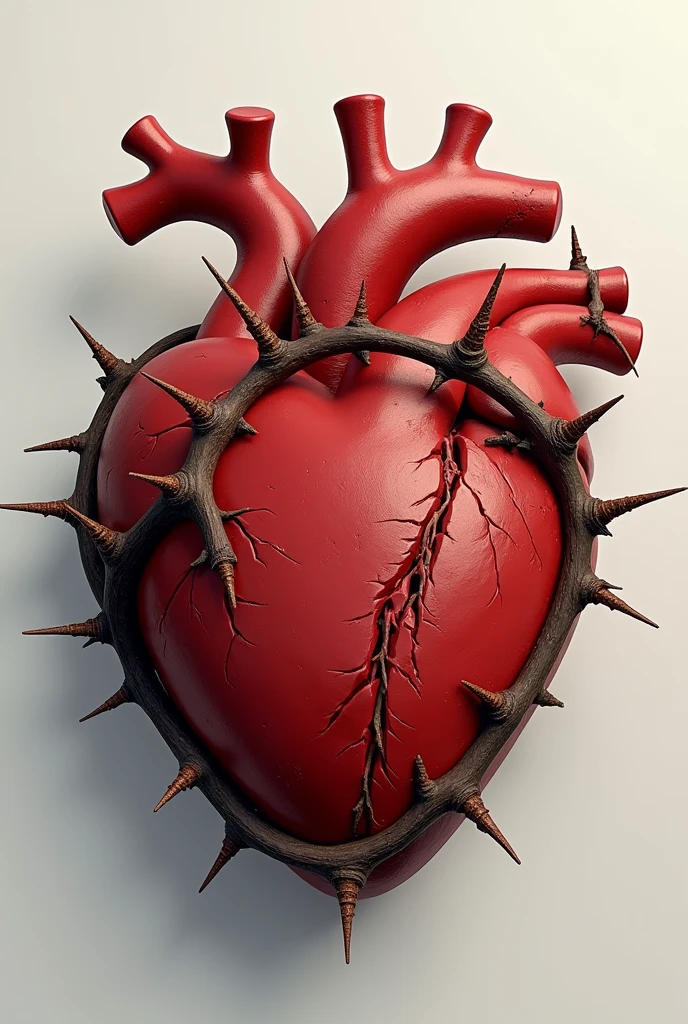 A 3D heart with large brown thorns stuck in it