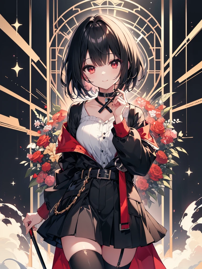 (masterpiece, highest quality, highest quality, (No text), Beautiful and aesthetic:1.2),No text,アニメ、BREAK,One Girl，Black Hair Girl　short hair　older sister　choker　Beautiful eyes　Red eyes　cool　smile　Black and Red　Black jacket　stockings　whole body　In town