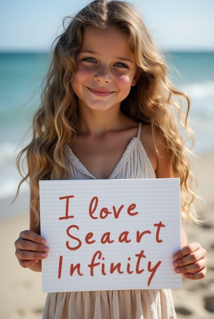 Beautiful girl with wavy long hair, bohemian dress, holding a white board with text "I Love Seaart Infinity" and showing it to the viewer