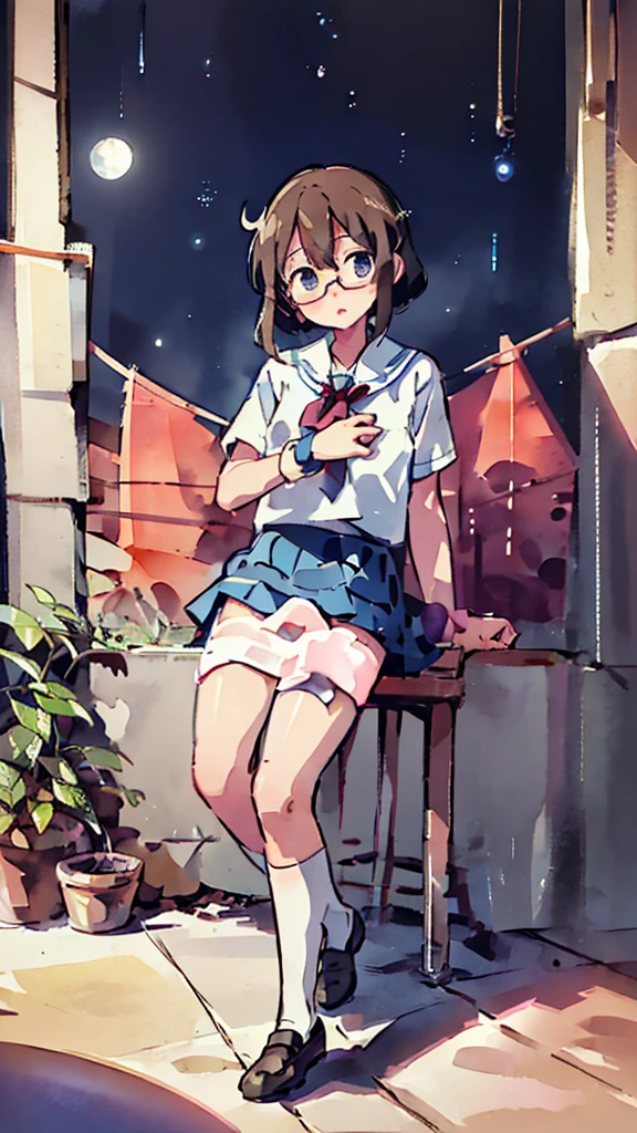 metropolis、water、Midnight、Moon、Blue light、sky、sea、Nsfw、masterpiece, high quality, 4K, HDR,, Stable Diffusion prompt:  schoolgirl with short、brown hair and red-framed glasses, wearing a white blouse and navy skirt, white panties visible, navy socks and brown loafers, in a state of arousal and trembling with sexual climax,simple illustration style, In a nichijou (everyday life) Setting Image generation AI model used: Stable Diffusion (eleet- model)

id: i2