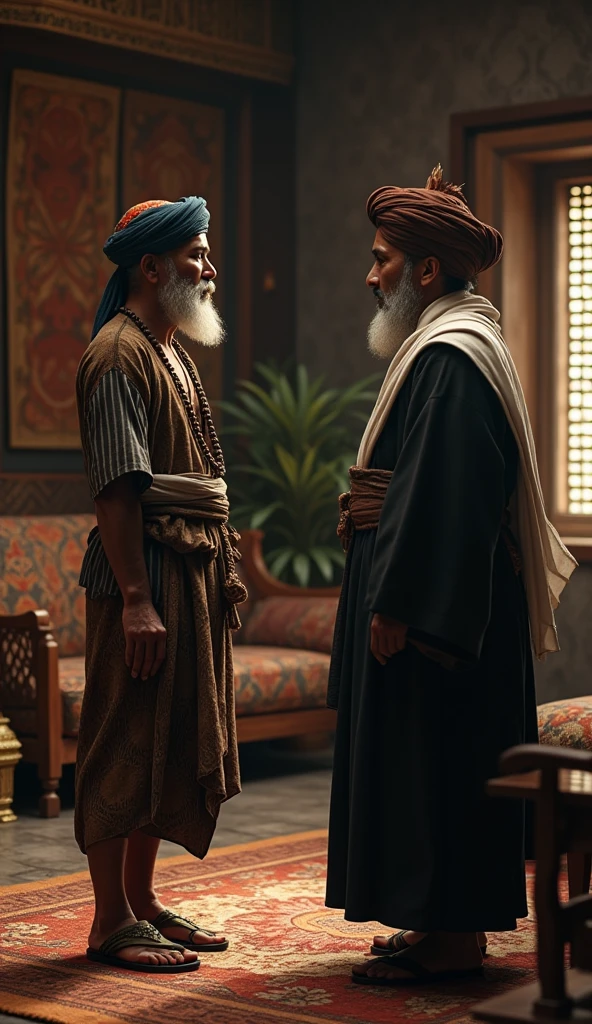Create a highly detailed, realistic scene of a 35-year-old man wearing a batik turban, a black and brown vertical striped shirt, a sarong, and warrior-style sandals. He is engaged in conversation with a scholar wearing a brown turban, a white scarf wrapped around his neck, and a black robe. The background should depict a Majapahit-era living room with dramatic, cinematic lighting, hyper-detailed textures, and UHD clarity.