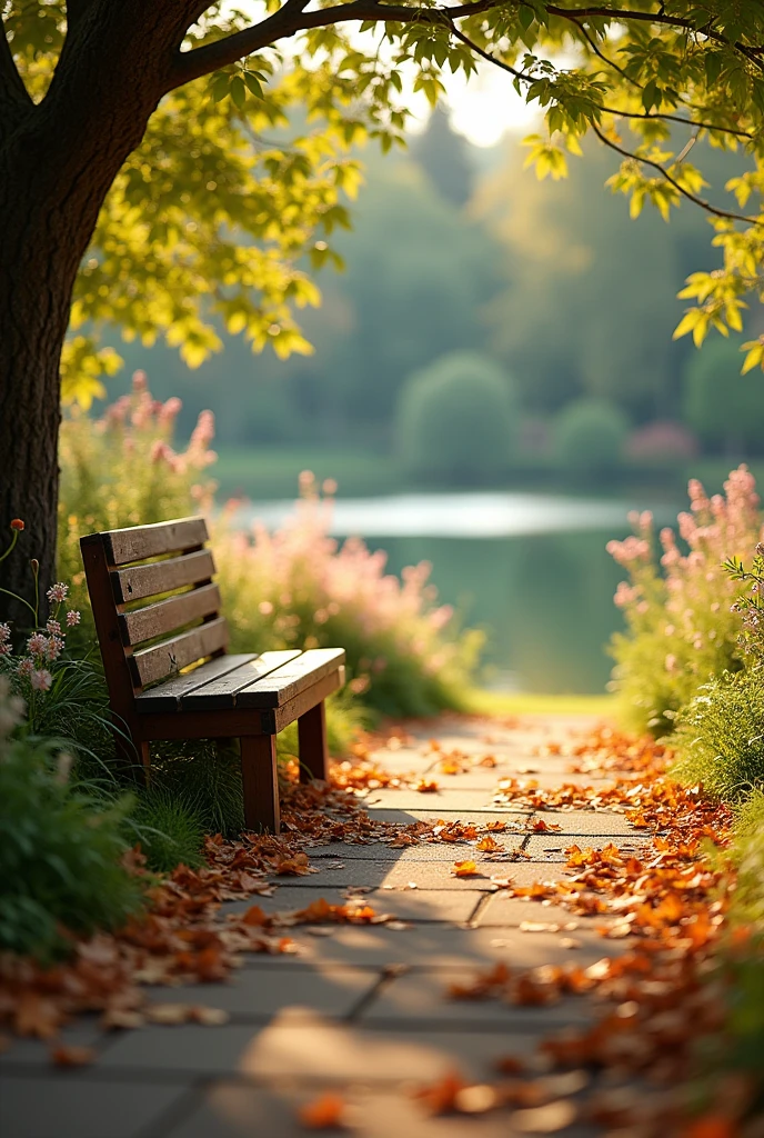 A stunning photo of summer view, a bench in front of a beautiful garden and lake, pedestrian lane with lots of dry brown leaves on the ground, zoom the image from below on the ground, low lighting, masterpiece, highly-detailed, ultra-sharp.