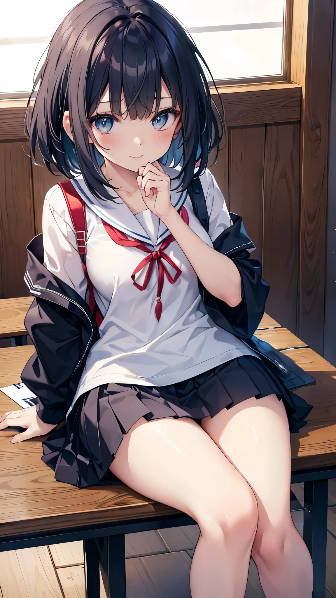 Anime girl sitting at a table with her hand on her chin (Browsing Caution:0.99)、beautiful girl, (Roll up your skirt), looking at the camera, Angle from below, Short skirt, Squat, A shy smile, Japanese School Uniform , Beautiful Skin, ((Highest quality, 16K, Tabletop: 1.3)), 1 girl, The light shines on your face, Highly detailed face, Highly detailed lips, Beautiful Eyes、Realistic looking skin、Cute design panties、Shaving、Various Hair Styles、Uniforms in different colors、Natural clothing、Vans Sneakers、bite、Detailed panties