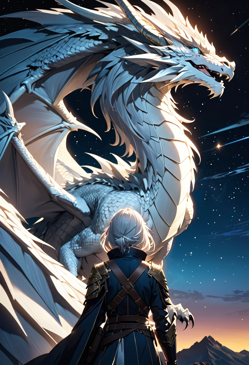(best quality, masterpiece, ultra highres, ultra-detailed) ,a flying dragon, blue eyes white dragon, white hair,in front of starry sky background.lights and sparkling stars illuminate the night sky in an anime composition. Fantasy scene with high resolution, high quality, high detail cinematic masterpiece in the style of a long shot with sharp focus and depth of field,magnificent view,