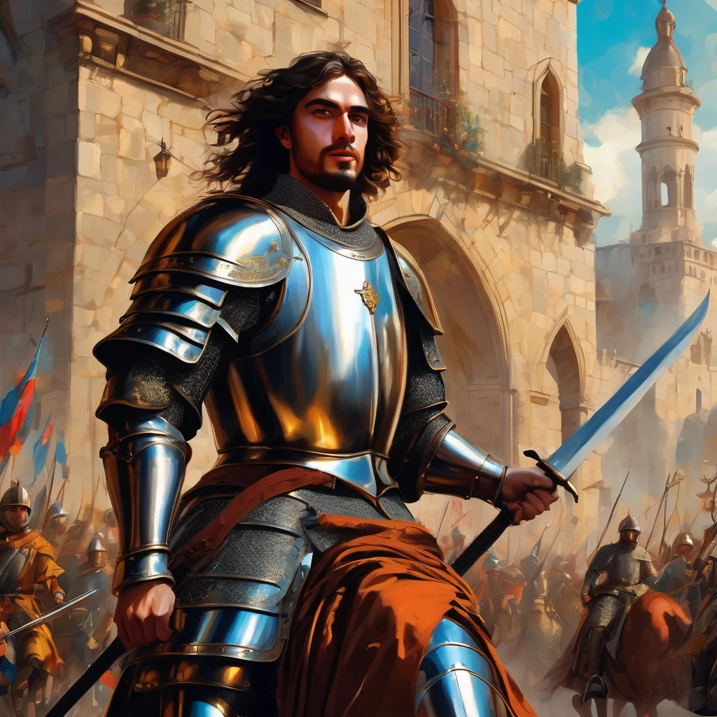 Medieval uprising scene with a heroic knight, blend of Baroque art style and modern digital painting, intricate and elaborate details, rich color palette, majestic and grandiose composition, highly stylized.